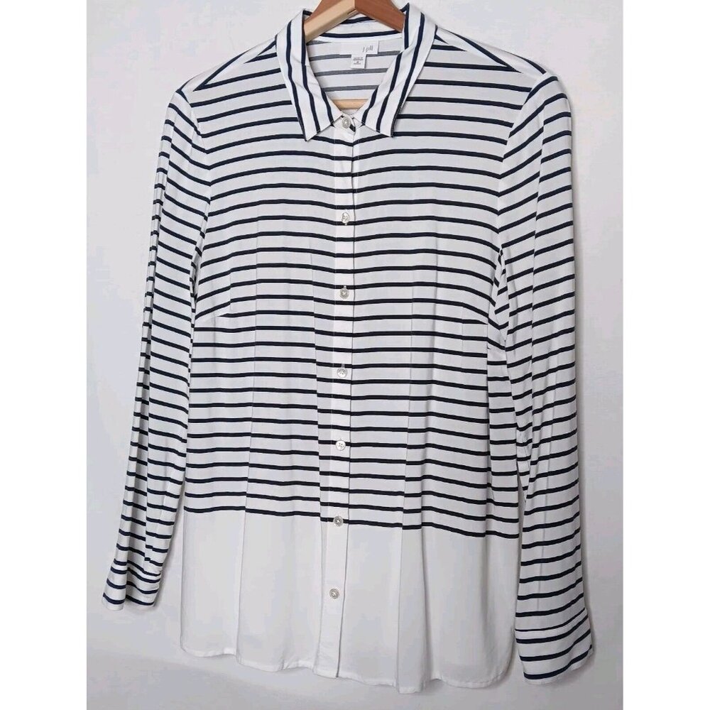 J Jill Medium Petite Blouse Button Striped Black White Long Sleeve Shirt Rayon